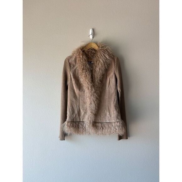 if it were me y2k beige suede leather sheep fur trim jacket - Picture 1 of 11